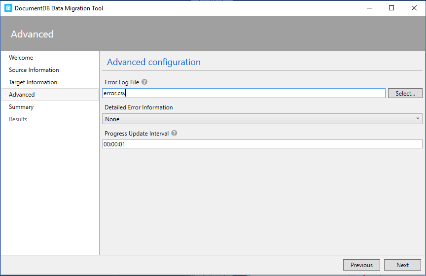 Screenshot of Advanced configuration screen