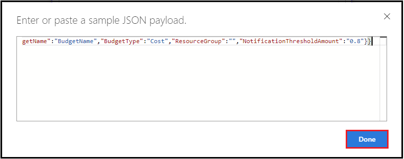 Skärmbild som visar JSON-exempelnyttolast.