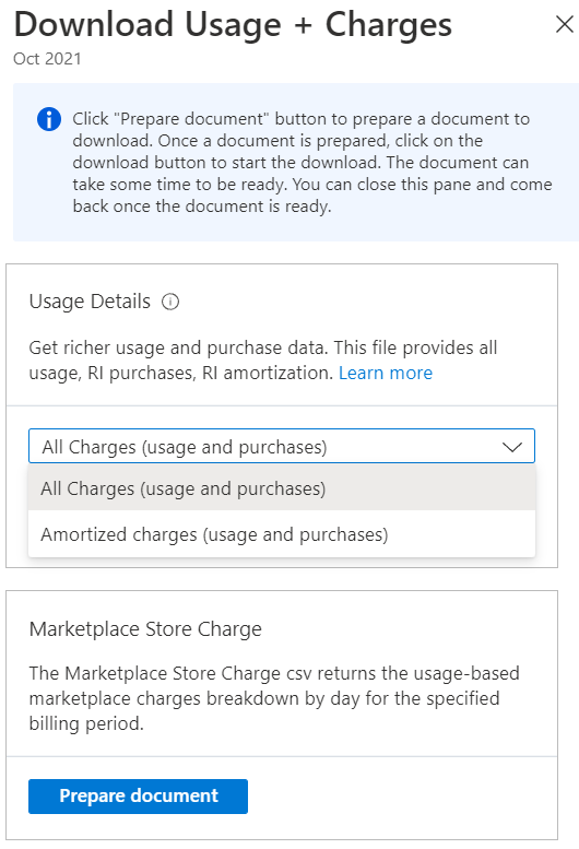 Screenshot showing the Usage Details charge type selection to download.