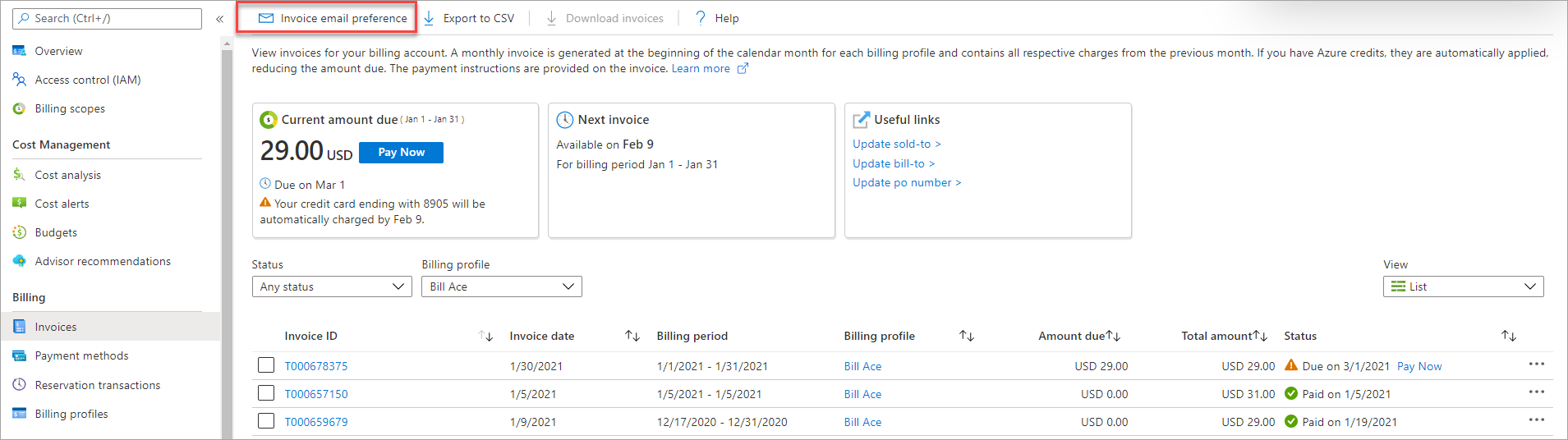 Screenshot that shows the Email invoice option for invoices