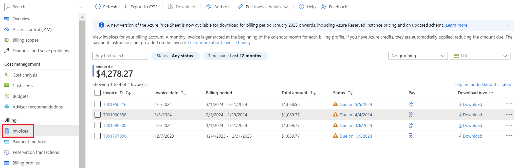 Screenshot that shows invoices page for an MCA billing account