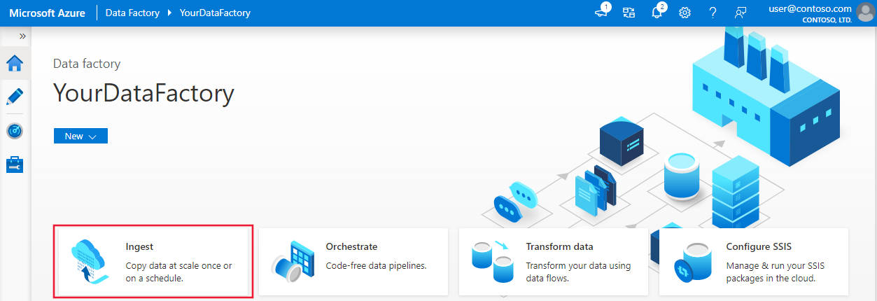 Skärmbild som visar Azure Data Factory startsidan.