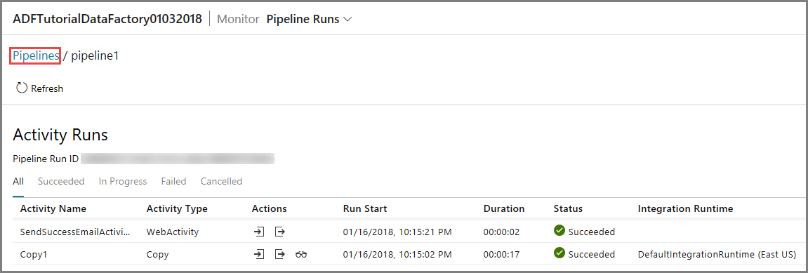 Screenshot that shows how to view the list of activity runs.