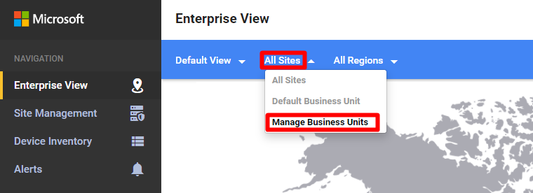 Screenshot that shows selecting Manage Business Units from the All Sites dropdown menu on the Enterprise View screen.