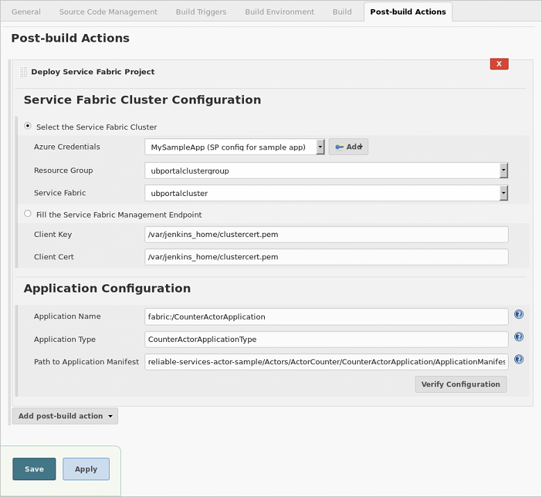 Service Fabric Jenkins-åtgärd efter bygget – Konfigurera Azure-autentiseringsuppgifter