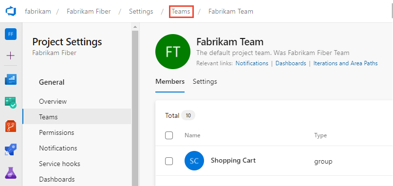 Skärmbild av Project Inställningar> Teams>Team och Teams-sökväg.