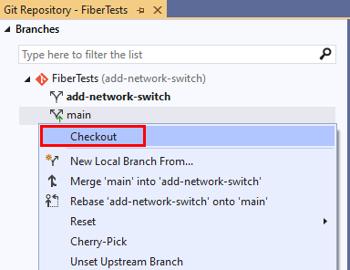 Skärmbild av alternativet Checkout i snabbmenyn för grenen i Fönstret Git-lagringsplats i Visual Studio.