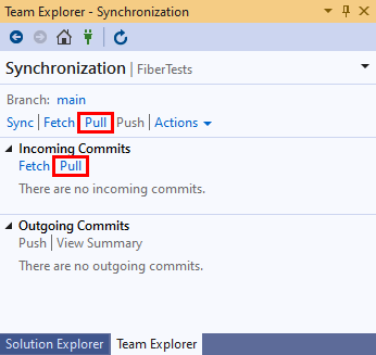Skärmbild av pull-alternativen i synkroniseringsvyn för Team Explorer i Visual Studio 2019.