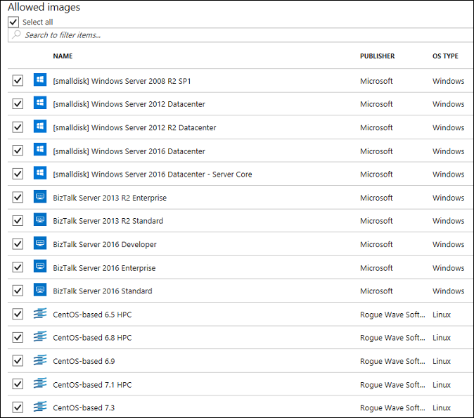 You can specify which Azure Marketplace images can be used as base images for VMs