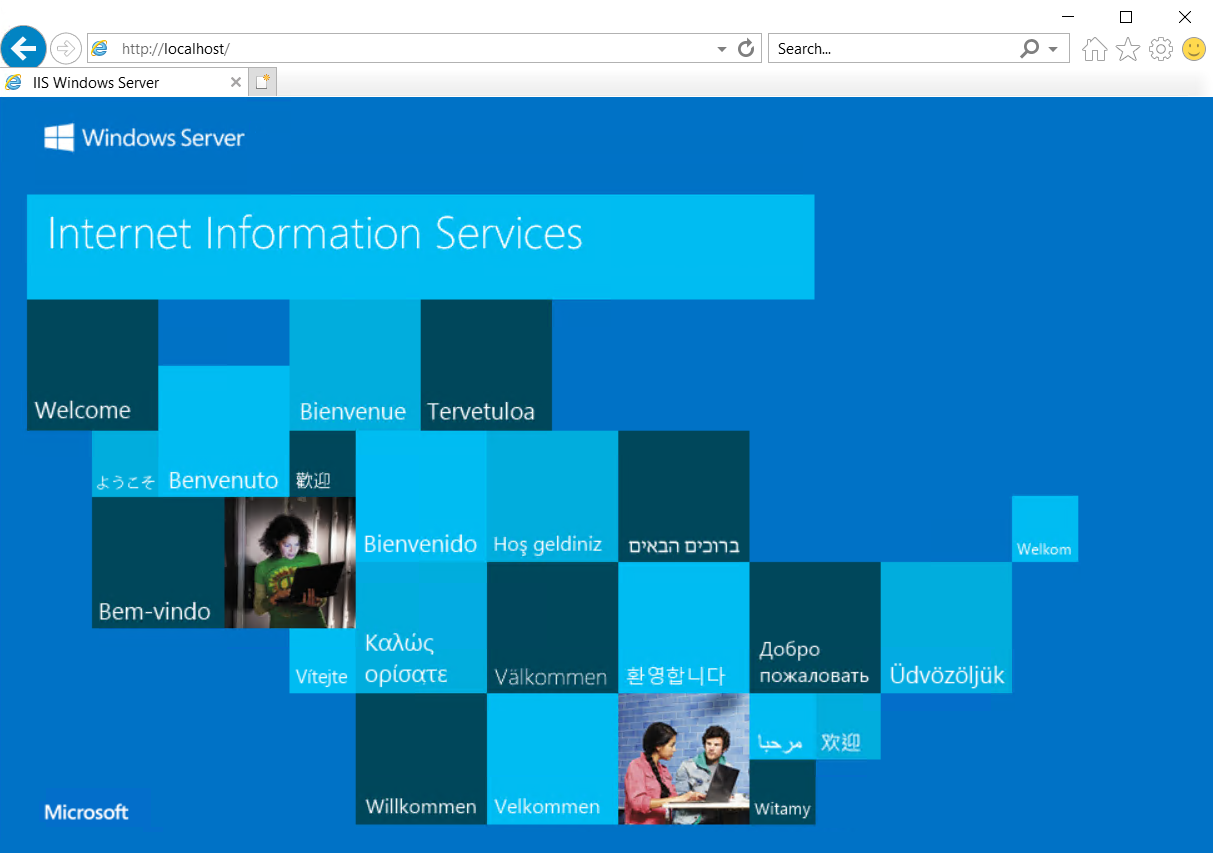 Skärmbild av Internet Explorer som visar I S-webbserverns standardwebbsida.