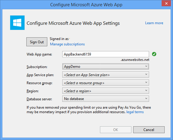 Konfigurera Microsoft Azure Web App-fönstret