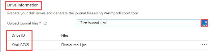 Skärmbild som visar enhetsinformation på fliken Jobbinformation för ett Azure Import Export-jobb. Knappen Kopiera och enhets-ID för en uppladdad journalfil är markerade.