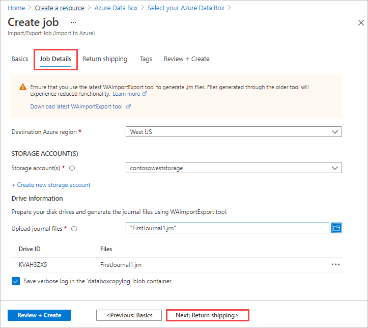 Skärmbild av fliken Slutförd jobbinformation för ett importjobb i Azure Data Box. Fliken Jobbinformation och knappen Nästa: Returleverans är markerade.
