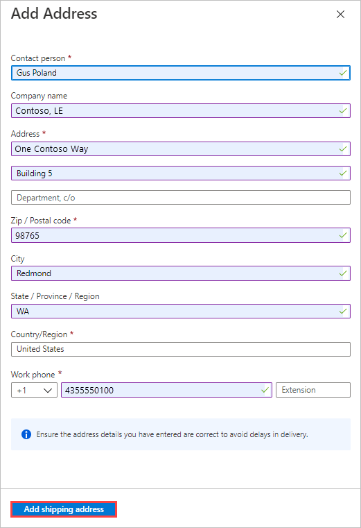 Skärmbild som visar en adress på bladet Lägg till adress för ett importjobb i Azure Data Box. Knappen Lägg till leveransadress är markerad.