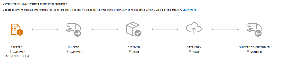 Skärmbild som visar statusspårning i fönstret Översikt för ett Azure Import Export-jobb i förhandsversionsportalen.