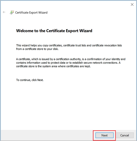 Screenshot shows the Certificate Export Wizard Welcome message.