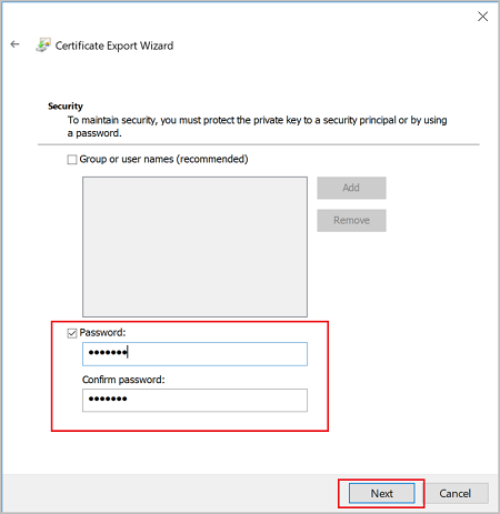Screenshot shows the Certificate Export Wizard Security page with the password entered and confirmed and Next highlighted.