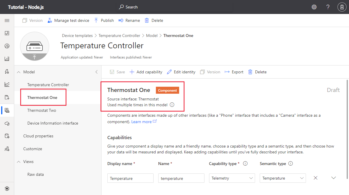 Skärmbild som visar termostatkomponenterna i enhetsmallen för temperaturstyrenhet i IoT Central.