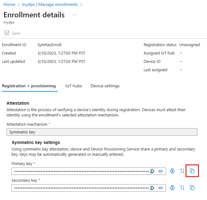 Screenshot showing the enrollment details, highlighting the Copy button for the primary key of the device enrollment