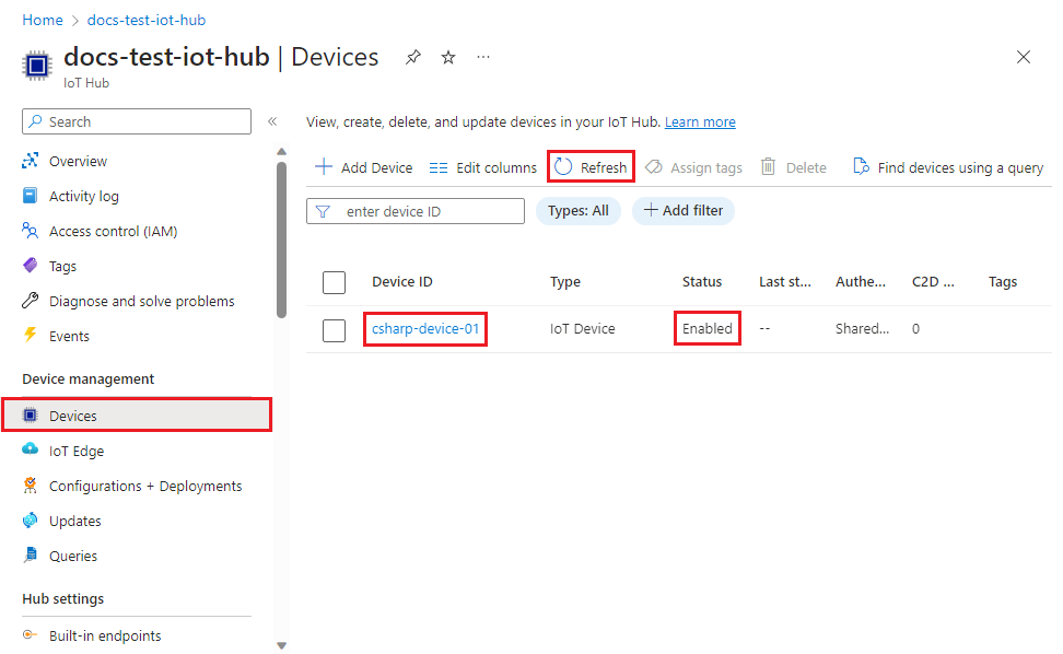 Screenshot showing that the device is registered with the IoT hub and enabled for the C# example.
