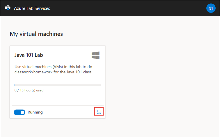 Skärmbild av sidan Mina virtuella datorer på Azure Lab Services webbplats med knappen Anslut.
