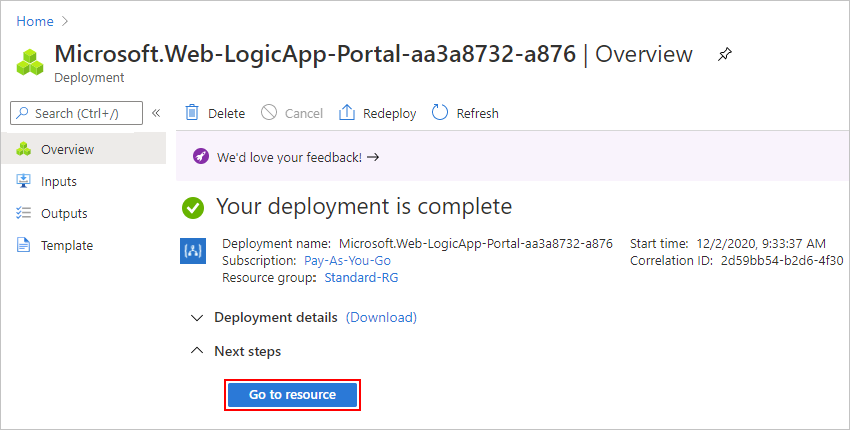 Skärmbild som visar Azure-portalen och slutförd distribution.