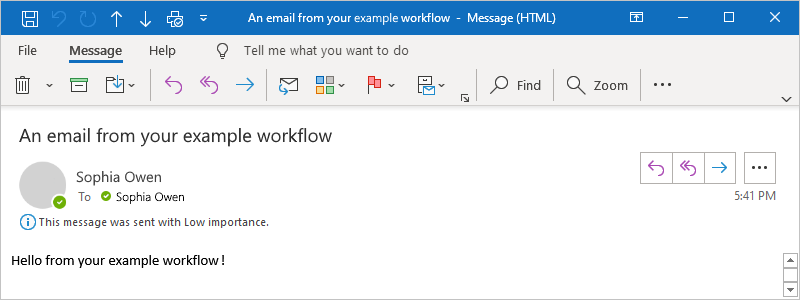 Skärmbild som visar Outlook-e-post enligt beskrivningen i exemplet