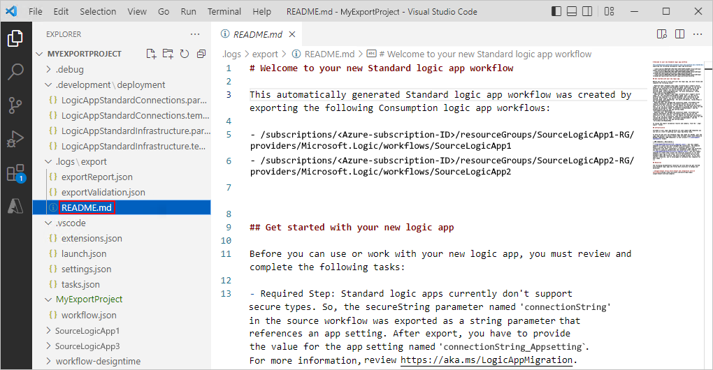 Skärmbild som visar ett nytt standardlogikappprojekt med README.md fil öppen.