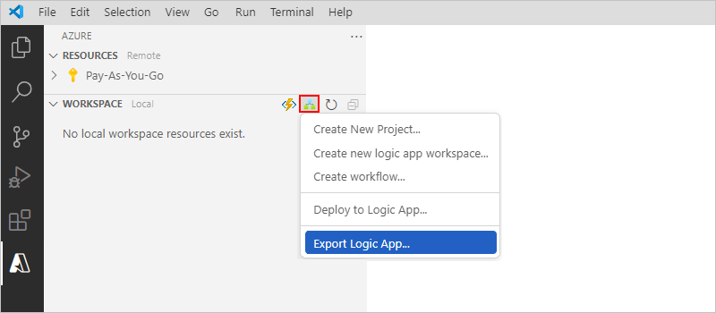 Skärmbild som visar Azure-fönstret, verktygsfältet Arbetsyteavsnitt och Exportera logikapp valt.