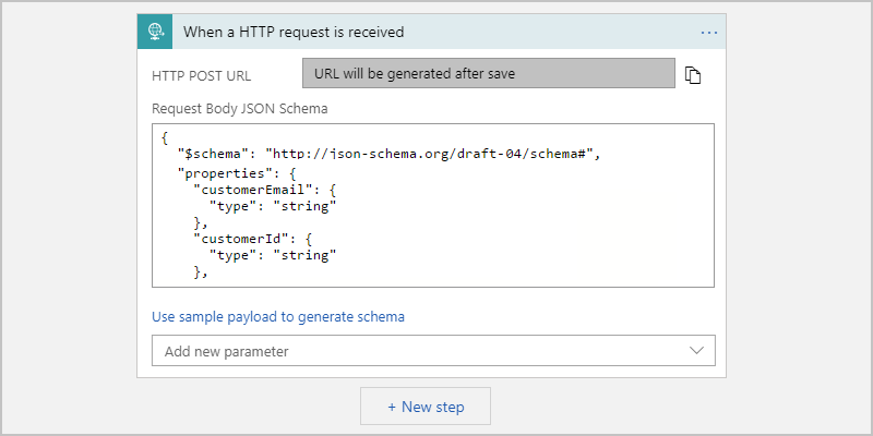 Skärmbild av information om en HTTP-begärandeutlösare. En del JSON-kod visas i rutan JSON-schema för begärandetext.