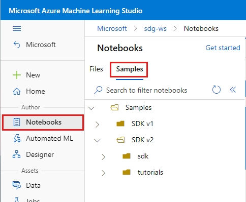 Skärmbild som visar exempel på notebook-filer.