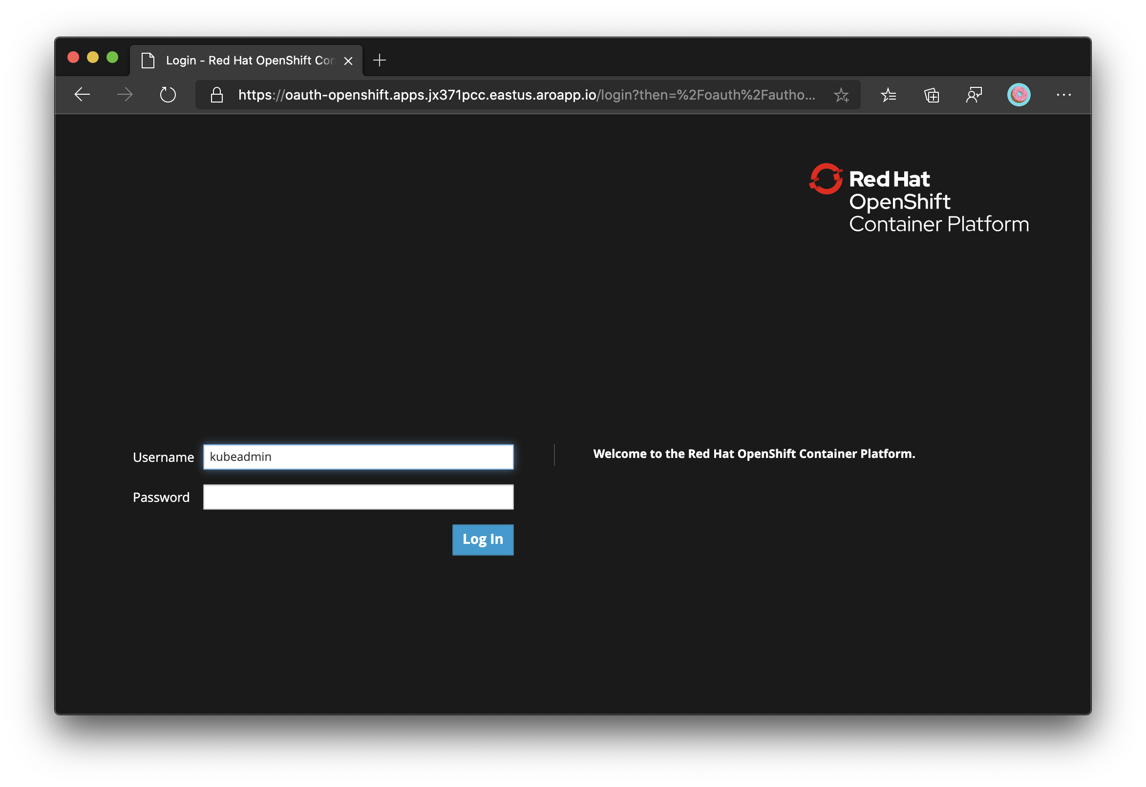 Inloggningsskärm för Azure Red Hat OpenShift