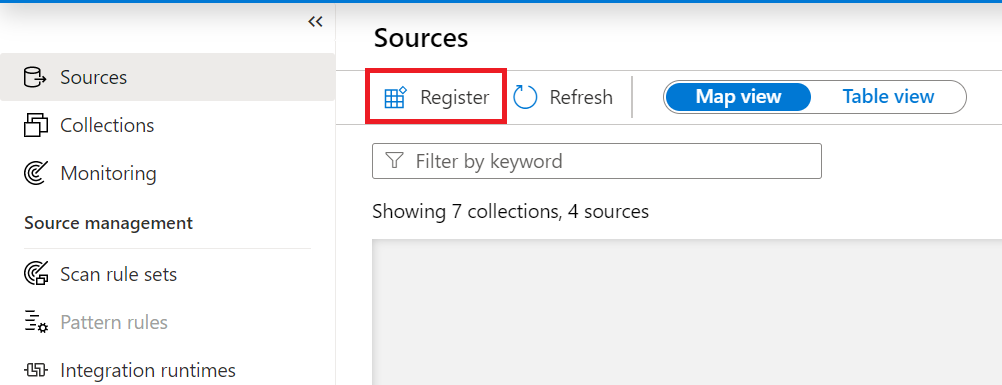 Screenshot that shows the Microsoft Purview governance portal Data Map sources, with the register button highlighted at the top.