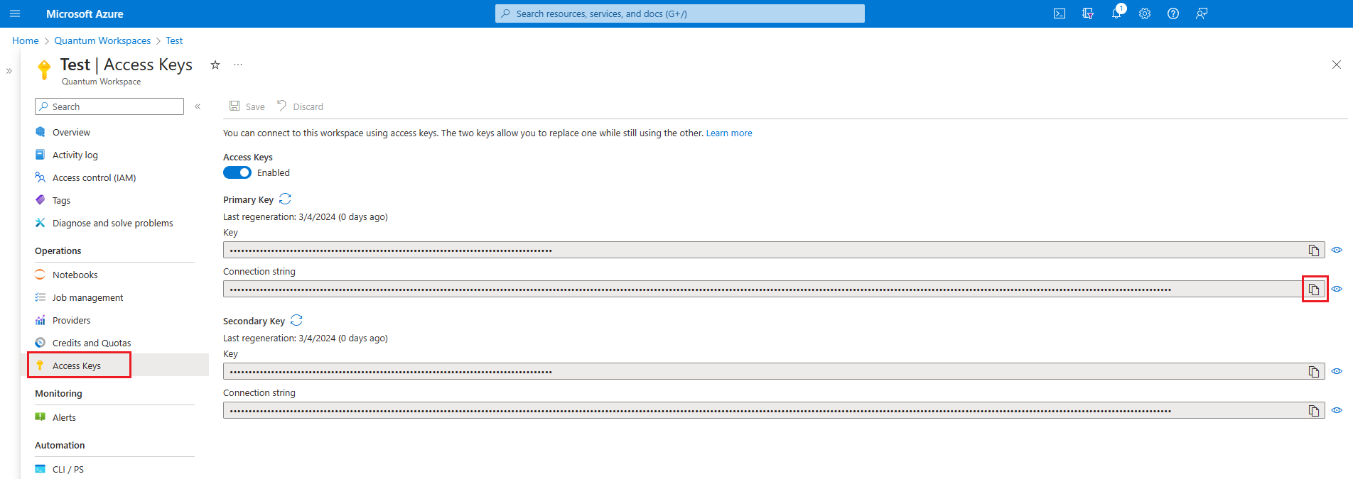 Skärmbild av Azure Portal som visar hur du kopierar anslutningssträngarna.