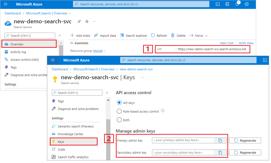 Skärmbild som visar URL:en och API-nycklarna i Azure-portalen.
