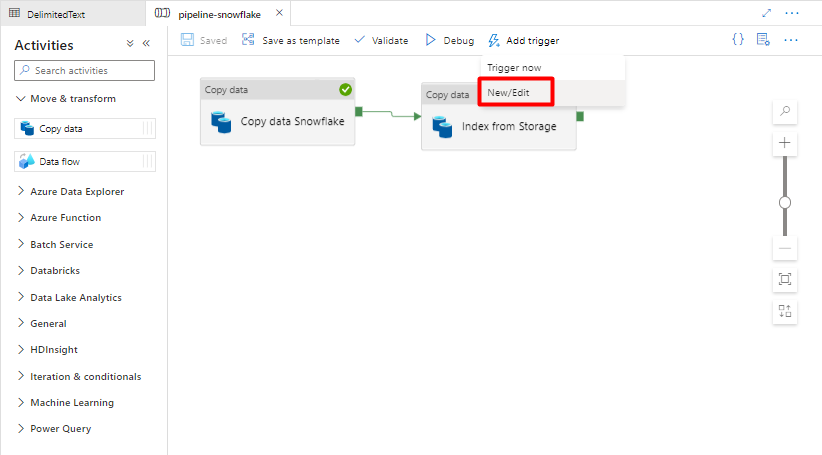 Screenshot showing how to add a new trigger for a Pipeline in Data Factory to run for Snowflake.