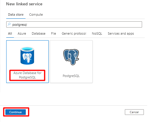 How to choose PostgreSQL data store for a Linked Service in Azure Data Factory.
