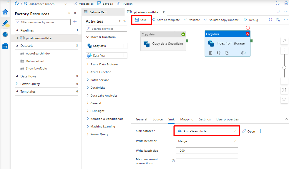 Screenshot showing how to configure the Sink in a pipeline to import data from blob storage to Azure Cognitive Search index as final step from pipeline.