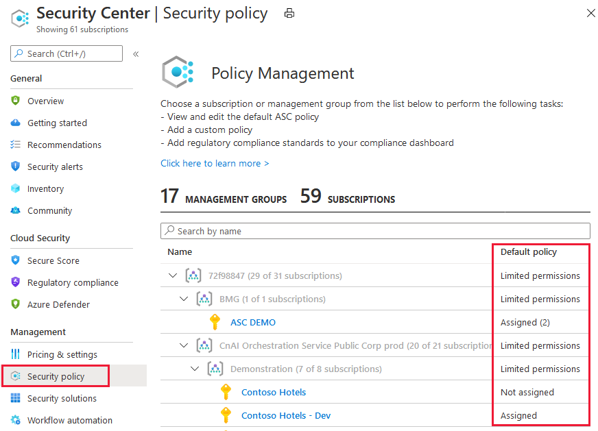 Sidan principhantering i Azure Security Center som visar standardprinciptilldelningarna.
