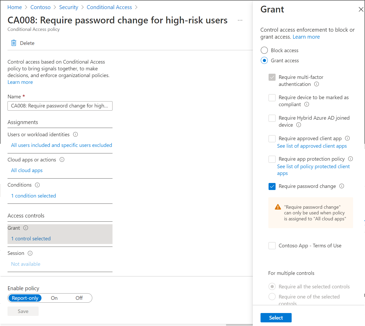 Conditional Access policy requiring password change for high risk users.