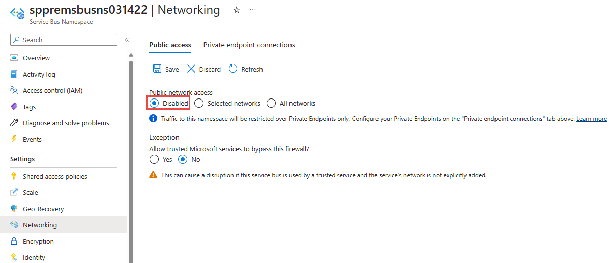 Skärmbild av sidan Nätverk med offentlig nätverksåtkomst som Inaktiverad.