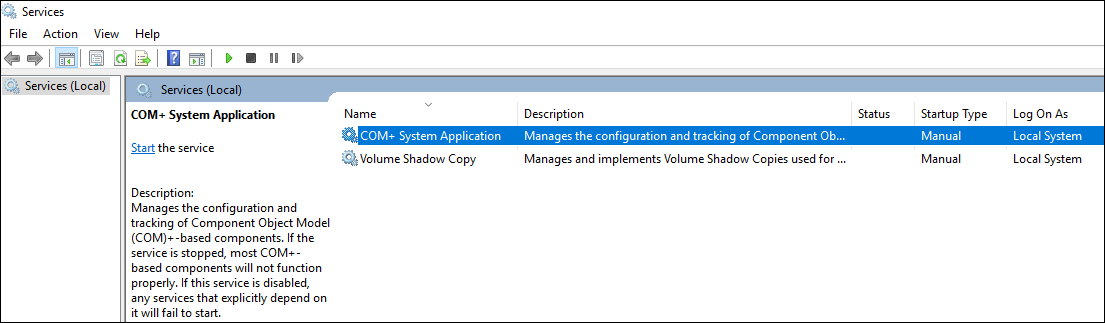 Kontrollera starttypen för COM plus systemprogram och Volume Shadow Copy Service.