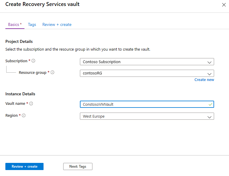 Screenshot of the Create Recovery Services vault page.