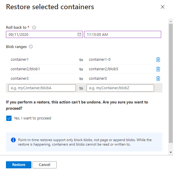 Skärmbild som visar hur du återställer blobintervall i en eller flera containrar