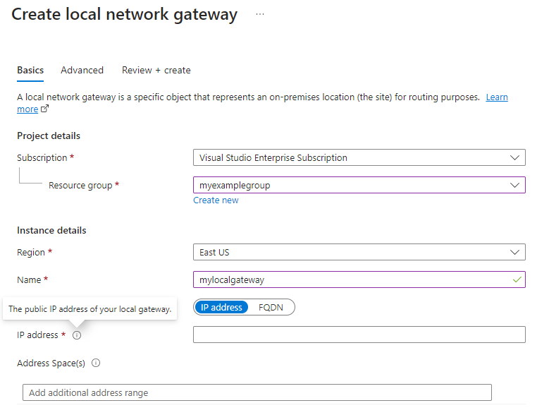 Skärmbild som visar hur du skapar en lokal nätverksgateway med hjälp av Azure-portalen.