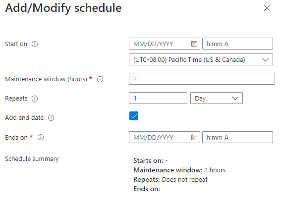 Skärmbild som visar schemaalternativ för att tillämpa uppdateringar.