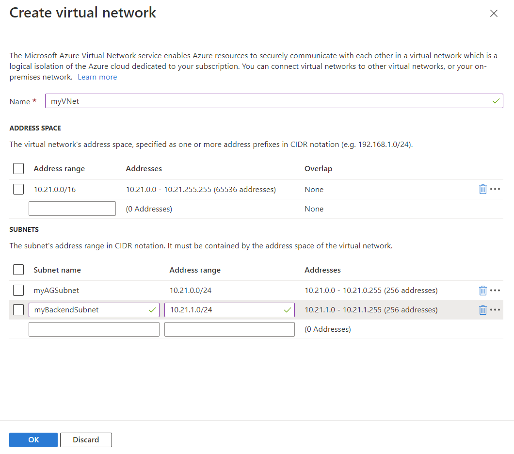 Skärmbild av Skapa ny programgateway: Skapa virtuellt nätverk.