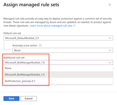 Skärmbild av Azure Portal som visar tilldelningssidan för hanterade regler med listrutan Ytterligare regeluppsättning markerad.