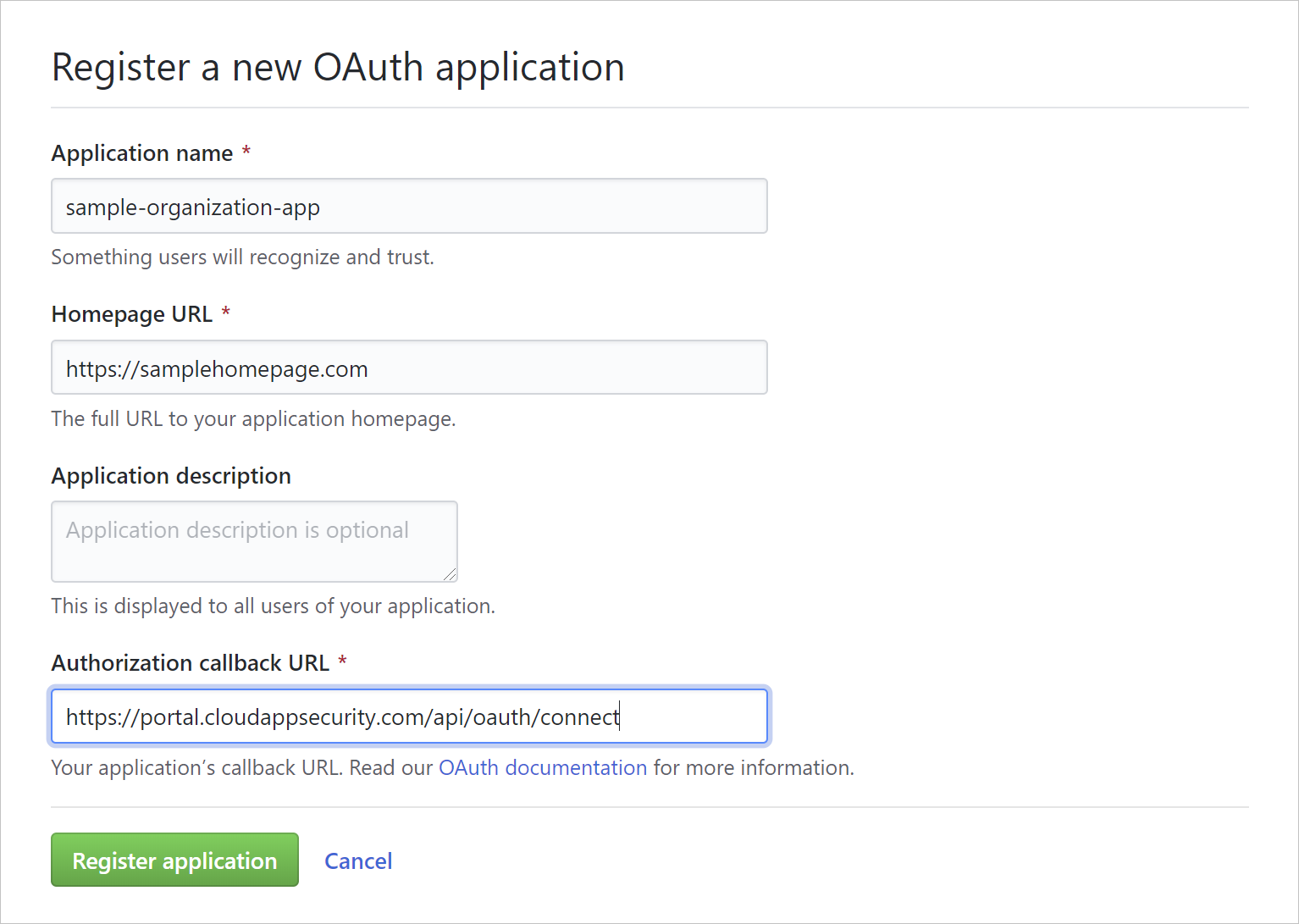 Skärmbild som visar registrering av en oauth-app.