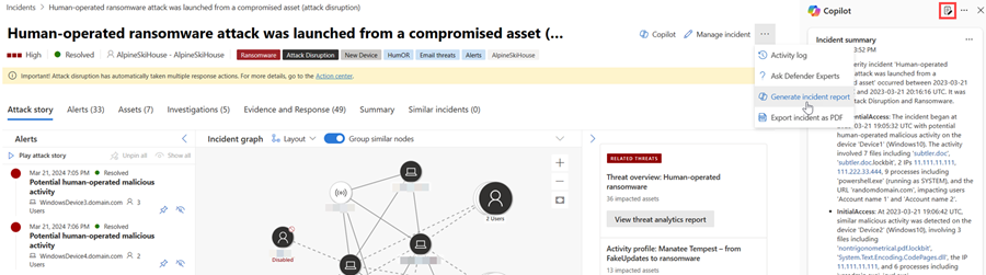 Skärmbild som visar knapparna för den genererade incidentrapporten och rapportikonen på incidentsidan.